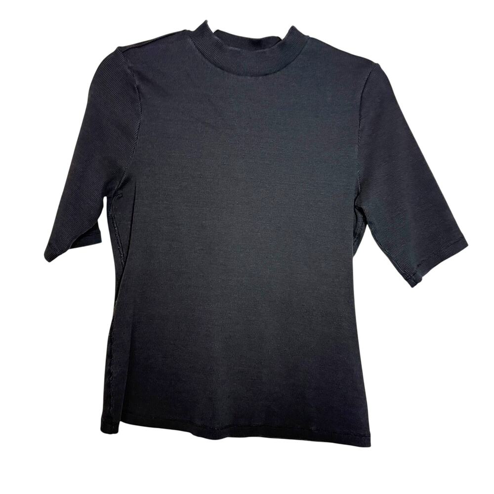 Anthropologie‎ Maeve Ribbed Short Sleeve Blouse Women M Black Casual Lightweight